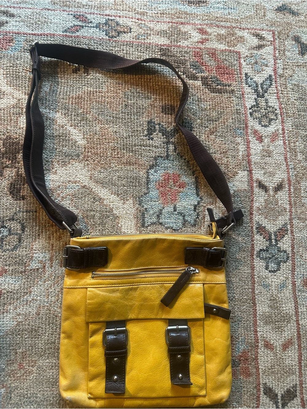 Danier leather Crossbody Messenger Bag - Yellow with Dark Brown Trim